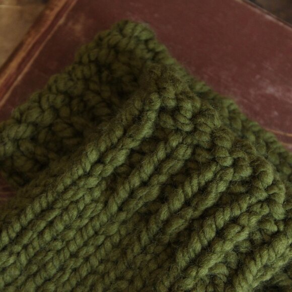 Hand Knit Fingerless Gloves, Armwarmers in Olive Green Yarn, Womens "Elderwood" - Picture 9 of 10